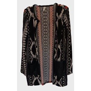 Tyche Womens Black Beige Rust Aztec Sweater Jacket w/Faux Leather Detail Lg